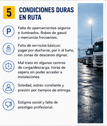 Condiciones duras en ruta: falta de aparcamientos seguros, robos, pagar por ducharse, esperas sin acceso a instalaciones y estigma social
