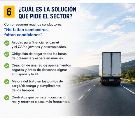Soluciones que pide el sector: ayudas para el carnet y el CAP, pago de las horas de espera, aparcamientos seguros y contratos que permitan conciliar
