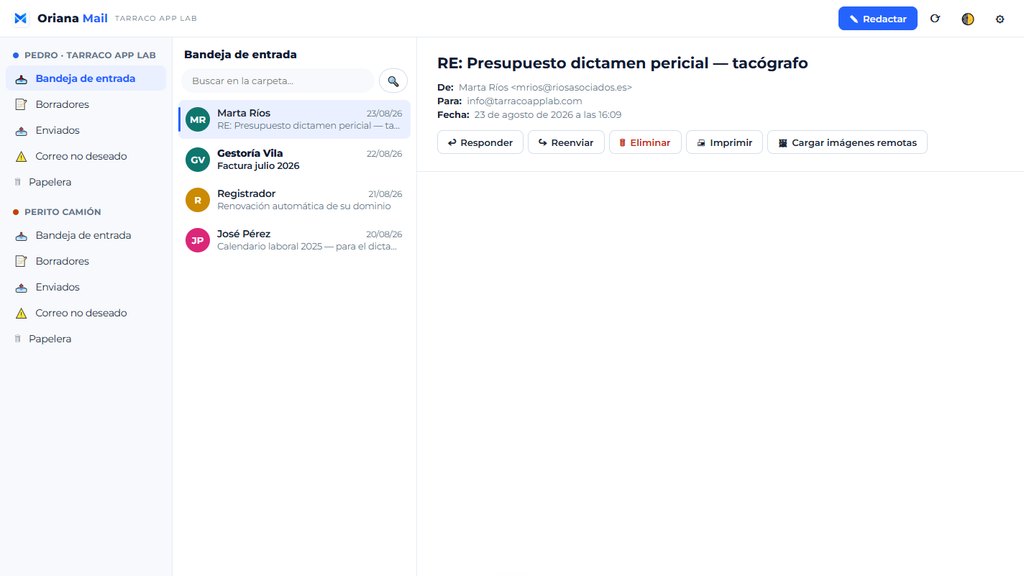 Oriana Mail: bandeja de entrada con varias cuentas de correo, cada una con su color, y el lector de mensajes