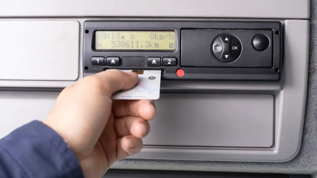 Introduciendo la tarjeta de conductor en el tacógrafo digital de un camión
