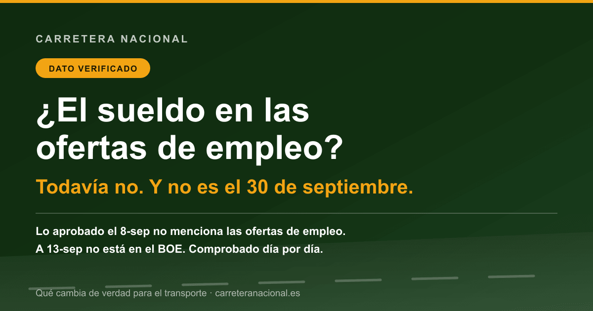 El sueldo en las ofertas de empleo: todavía no, y no es el 30 de septiembre. Lo aprobado el 8 de septiembre no menciona las ofertas y a 13 de septiembre no está en el BOE